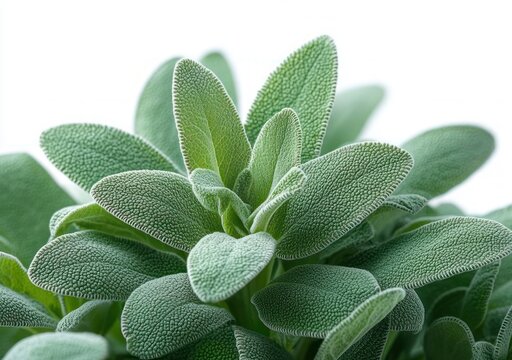 Close-up of fresh green sage leaves with soft velvety texture, detailed foliage conveying calm natural serenity