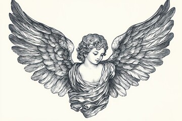 Fototapeta premium detailed monochrome ink illustration of an angelic bust with large outstretched feathered wings, draped garments and curly hair, face obscured, evoking a serene, majestic, ethereal mood