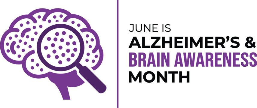 June is Alzheimer's and brain awareness month purple banner with magnifying glass analyzing memory loss vector illustration