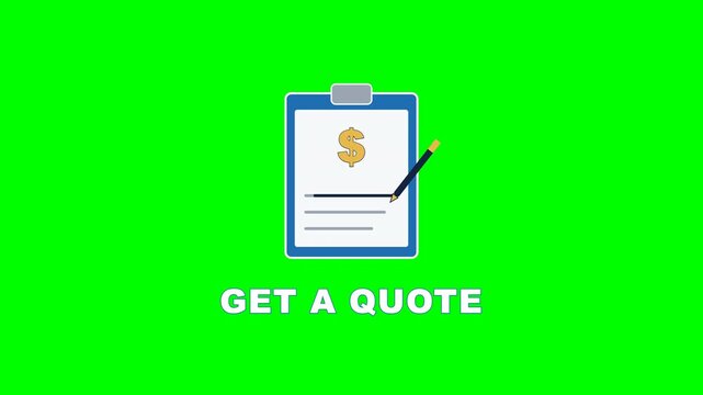 4K green screen GET A QUOTE animated title - a clipboard with a price and a pen, kinetic typography motion graphics intro overlay, chroma key