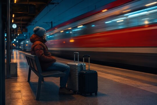 A lone traveler sits on a platform at night, bundled in a coat and beanie, watching a fast train pass while two suitcases wait beside them under warm station lights.