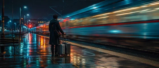 Traveler With Suitcases Waiting At Rainy Train Station Platform As High-Speed Train Blurs By At Night © Noor
