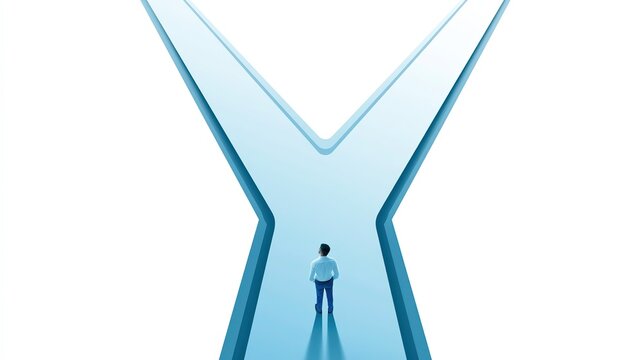 High-angle full frame graphic with tiny miniature male standing at light blue Y-shaped fork path with dark blue border lines, solid clean white backdrop, man gazing toward split routes symbolizing cho