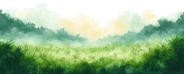 Fototapeta premium lush misty meadow with tall grasses, distant treeline and warm sunrise light, tranquil and peaceful morning landscape