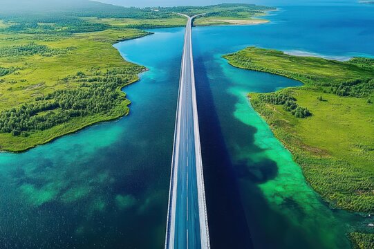 aerial view of a long straight coastal bridge and road crossing turquoise waters between green islands and marshes, serene and expansive summer landscape