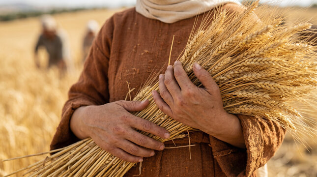 Ruth faithfully gleaning leftover wheat stalks in the sunny fields of Boaz. Biblical story of loyalty and providence