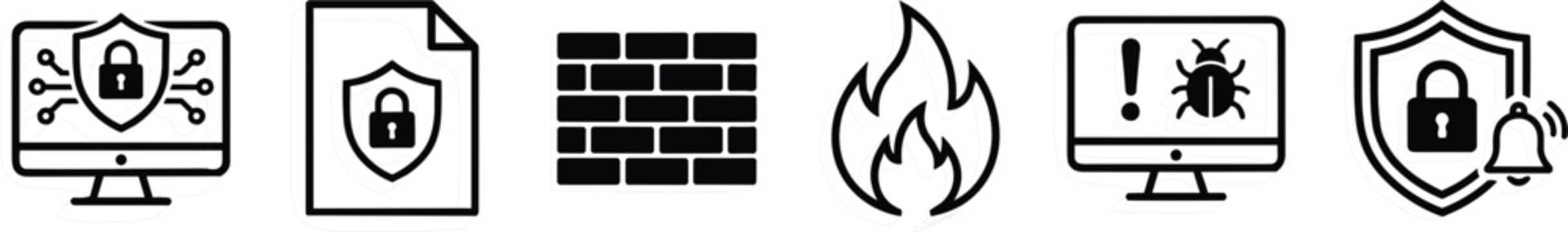 Minimalist black line art icon set featuring network data protection computer security firewall flame virus bug and alert notification