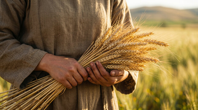 Ruth faithfully gleaning leftover wheat stalks in the sunny fields of Boaz. Biblical story of loyalty and providence