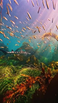 Leopard shark swimming with a school of fish in underwater kelp forest illuminated by sunbeams