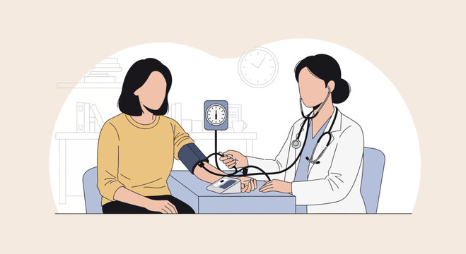 Doctor checking patient's blood pressure in clinic, healthcare concept