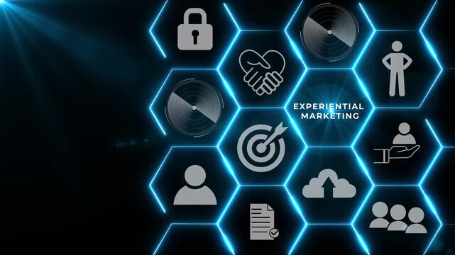 Experiential marketing strategy, customer engagement concept. Interfacing labeled Experiential Marketing surrounded by icons; customer engagement, retail interaction and interactive brand experiences.