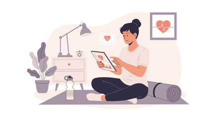 Fototapeta premium Woman checking heart rate on tablet after workout, health tracking illustration