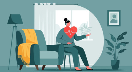 Fototapeta premium Woman Holding Heart Symbol, Healthy Lifestyle Concept, Home Healthcare Illustration