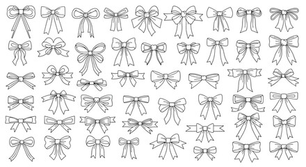 Obraz premium Elegant collection of various hand-drawn black and white ribbon bows is displayed on a clean white background.