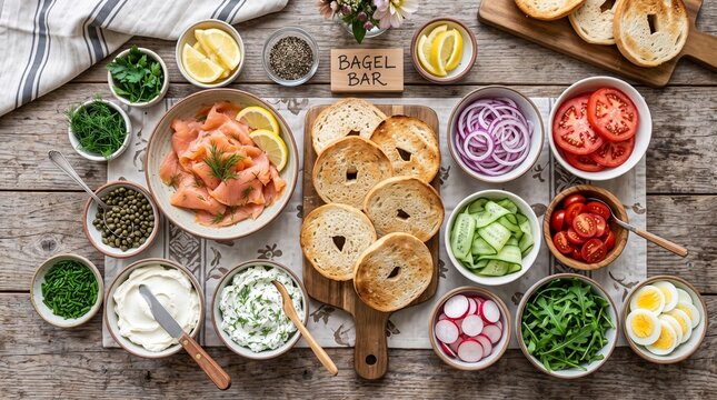 Bagel Bar Toppings Buffet Flat Lay with Salmon and Veggies