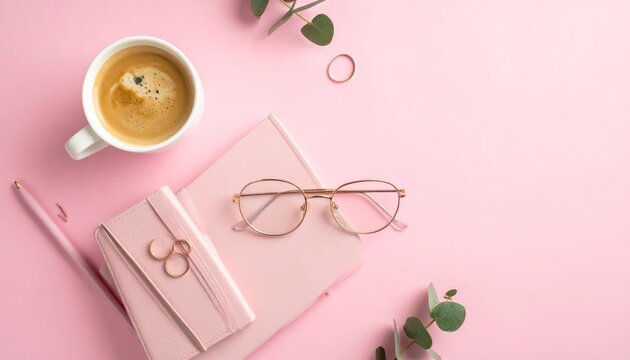 Pink Desk with Coffee and Stationery.