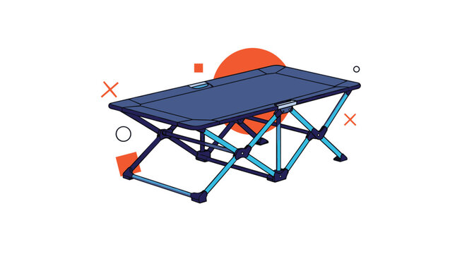 Lightweight folding camping cot bed in dark blue is shown with stylized abstract shapes on a white background.