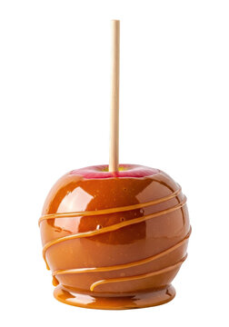 Caramel candy apple on stick sweet.