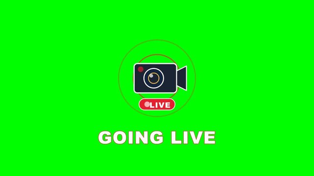 4K green screen GOING LIVE animated title - a camera with a pulsing red dot and broadcast rings, kinetic typography motion graphics intro overlay, chroma key