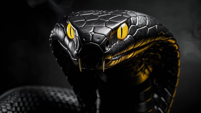 Menacing black snake with striking yellow eyes slithering in dark wild environment close up