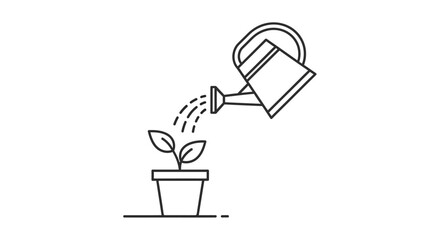 Minimalist line art of a watering can watering a young potted plant. © Cantik