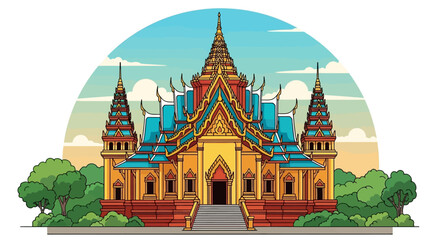 Obraz premium Ornate oriental temple with tiered roofs and spires.