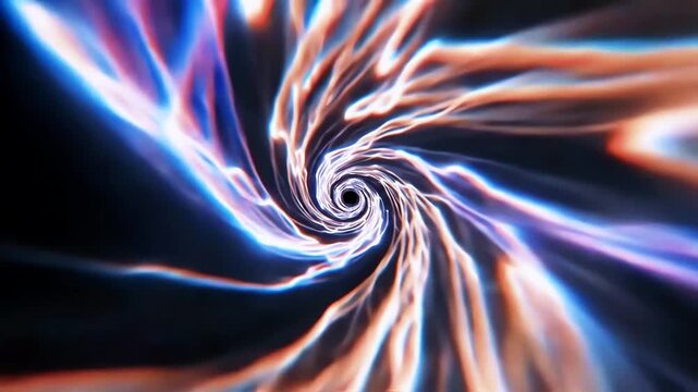 Abstract neon vortex features blue and orange light lines heading deep, dynamic visual resembles journey through space portal or black hole, abstract neon vortex energy speed concept