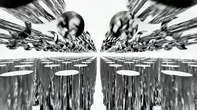 Surreal geometric corridor creates infinity effect with repeating parts, monochrome abstraction plays with perspective like futuristic architecture, surreal geometric corridor maze concept