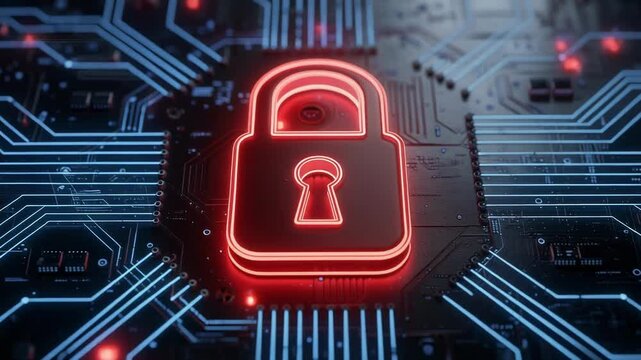 Glowing lock symbol animation on futuristic circuit background for cyber security and technology concept