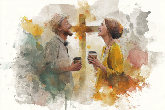 Christian Faith and Friendship &ndash; Young People Talking Near Cross.&ndash; Generative AI &ndash; no real persons