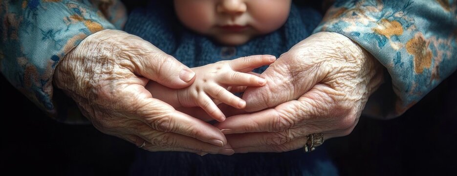 wrinkled elderly hands gently cradling a baby's tiny hands, a tender protective moment of intergenerational love and warmth