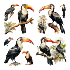 Fototapeta premium Artistic Watercolor Illustration Collection of Exotic Toucan Birds Perched on Tropical Branches