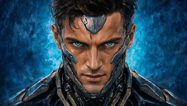 Cyberpunk cyborg man portrait with glowing blue eyes, futuristic male android warrior, oil painting style illustration