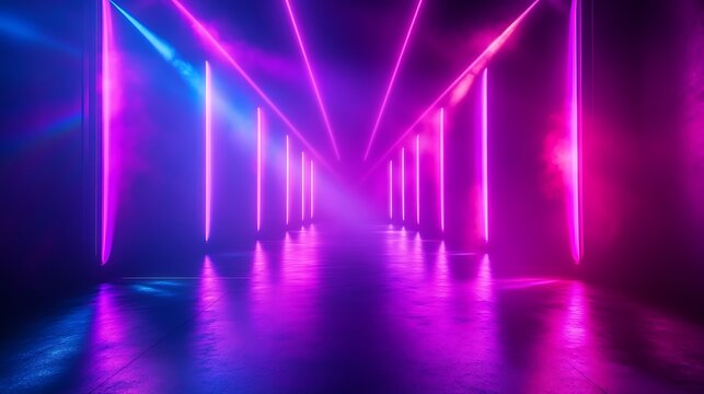 Abstract neon light hallway with purple and blue glowing lines on a dark background.