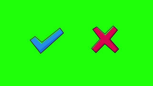 Animated blue checkmark and red X mark icons, correct and wrong symbols, flat doodle style, green screen and white background versions, video