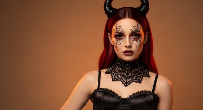 Portrait of a young woman with devil horns and spider web makeup for halloween