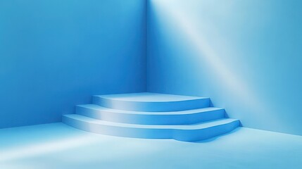Obraz premium soft blue minimalist corner with three-tier rounded platform and gentle light beam creating a calm, serene atmosphere