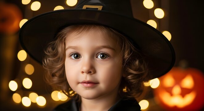 Portrait of a cute little girl wearing a witch hat for halloween celebration