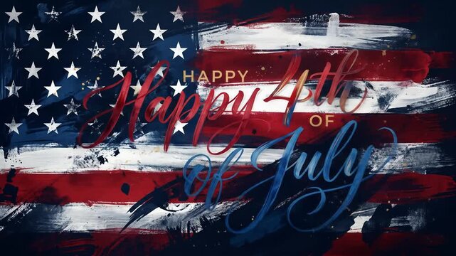 Happy 4th of July calligraphy text on painted American flag background.