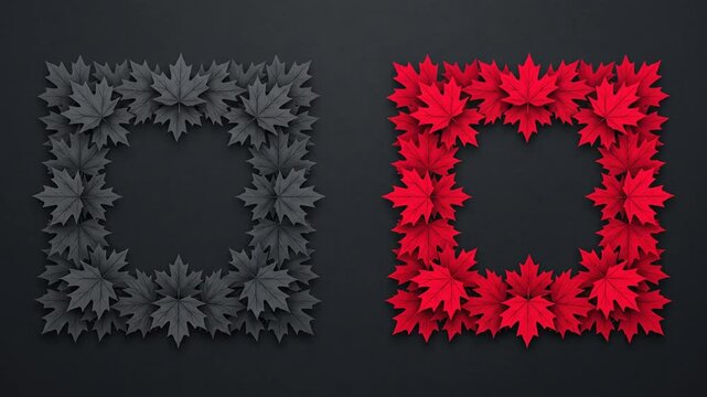 Red and Black Maple Leaf Square Frames on Dark Background