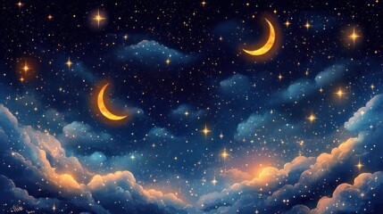 Naklejka premium Dreamy starry night with two glowing crescent moons, twinkling stars and soft luminous clouds conveying serene wonder