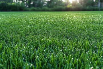 Obraz premium dew-covered green grass field at sunrise with sparkling droplets, soft blurred trees and warm backlight conveying a peaceful fresh morning atmosphere