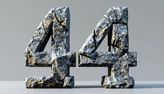 A 3D rendering of two metallic numbers forty-four on a gray surface