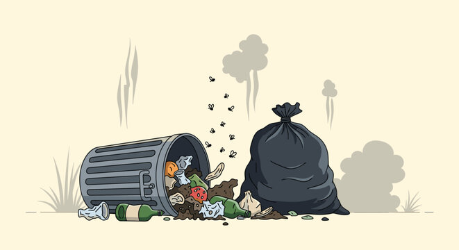 Tipped over metal trash can spilling organic waste and bottles beside a full black plastic garbage bag.