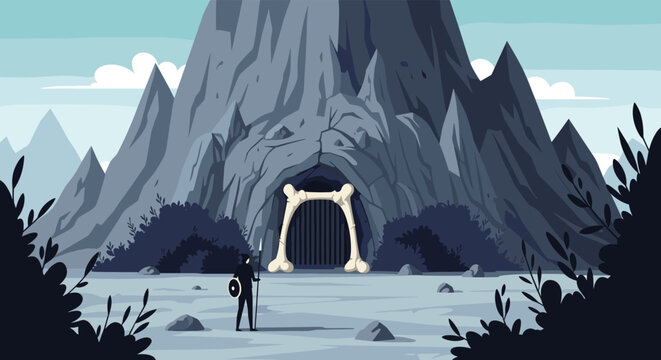 Brave knight standing before a dark mountain cave entrance framed by giant bones under a cloudy sky vector illustration.