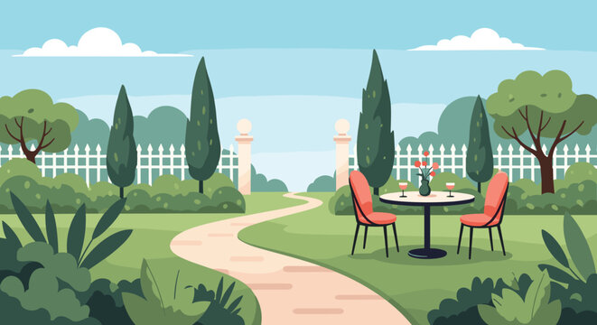 Romantic outdoor dinner table for two set in a beautiful green backyard garden with white fence.