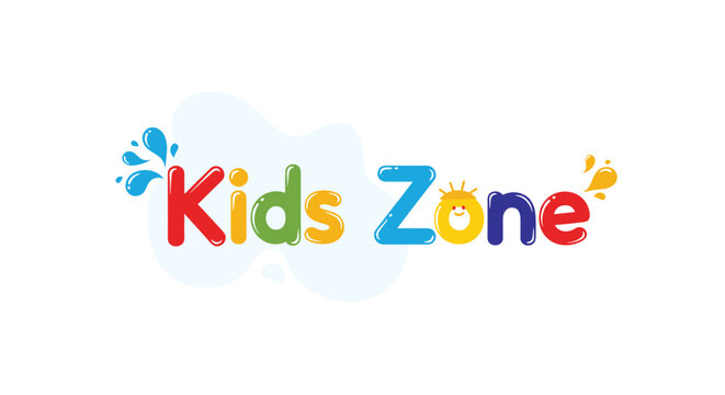 Colorful bubbly hand drawn text Kids Zone with fun water splash and smiling sun graphic elements.