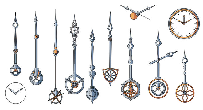 Beautiful collection of decorative vintage style clock hands and dials with gears and ornate metallic details on white.