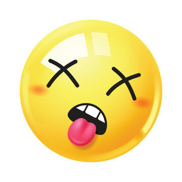 Dizzy face emoji clipart character. X eyes 3D glossy yellow emoticon with exhausted, tired, sick, weak and fatigued facial expressions. Vector illustration.  