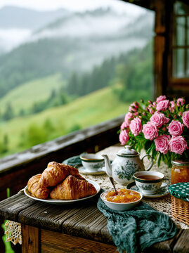 Elegant Tea and Croissant Breakfast on Rustic Veranda AI Generative